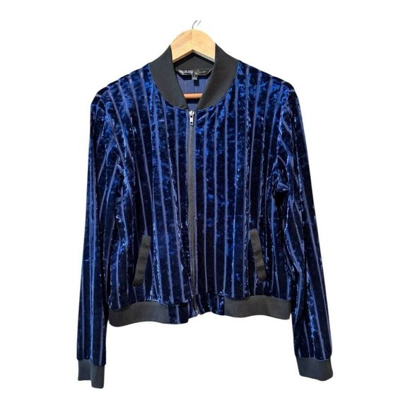 LuLaRoe Elegant Blue Velvet Stevie Bomber Jacket Crushed Burnout Size L - Picture 2 of 13